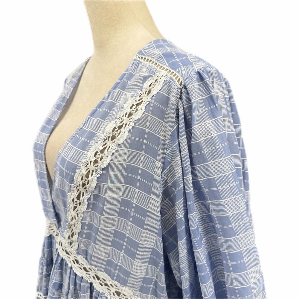 Free People Time Out Plaid Lace Trim 3/4 Sleeve Blue White 100% Cotton Tunic Top - Picture 5 of 10